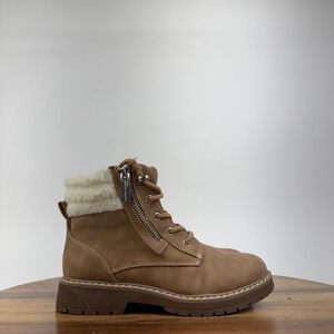 New Big Kids Marc Fisher Jade Faux Shearling Brown Ankle Combat Boots Size 1